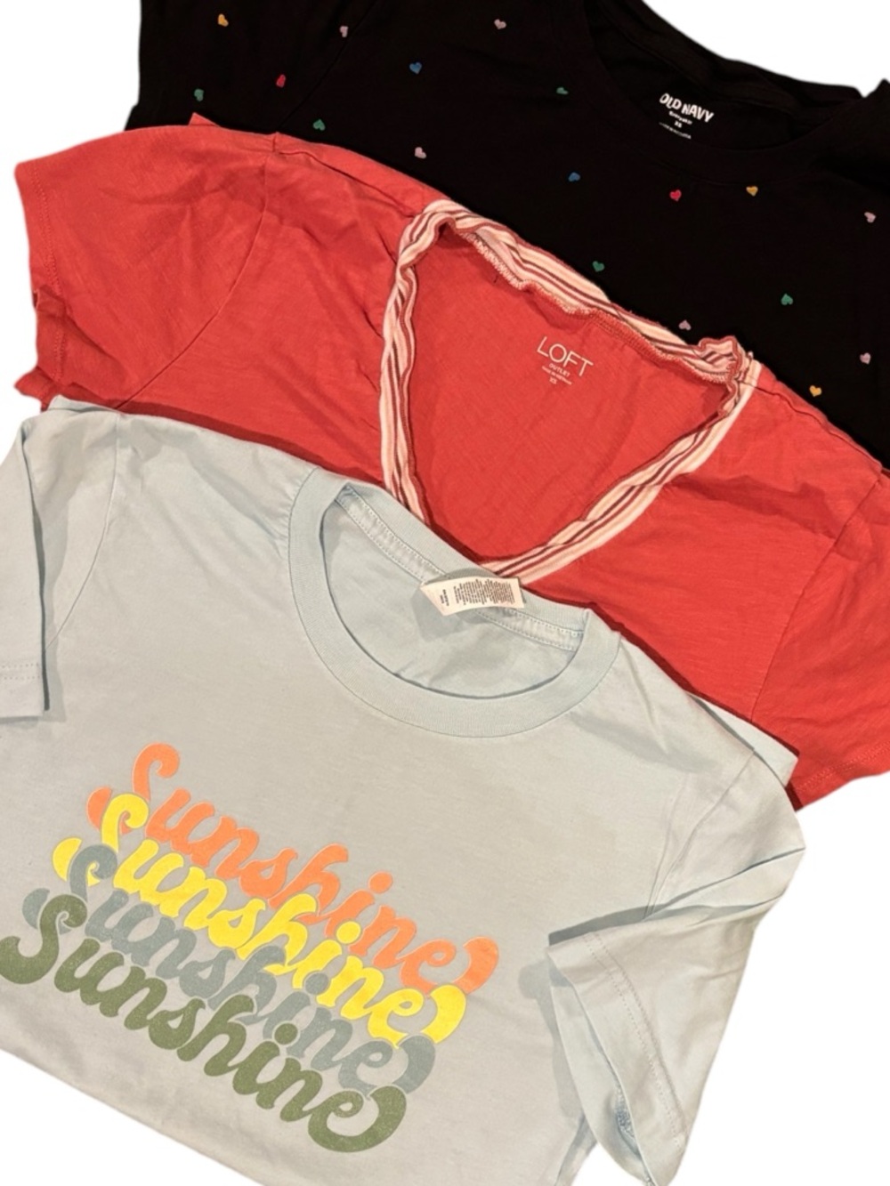 XS T-Shirt Bundle: Old Navy Heart, Loft V-Neck, Sunshine Graphic